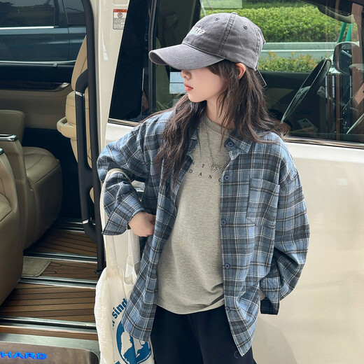 THINKPIRE Girls' Shirt Long Sleeve Children's Plaid Shirt Jacket 2026 New Girls Spring Clothes Fashionable Children's Clothes Thin Top Blue Size 150 Recommended Height 145CM