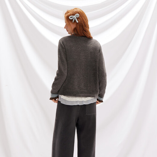 UNIFREE bow sequined knitted cardigan women's American retro autumn and winter loose lazy sweater jacket gray one size