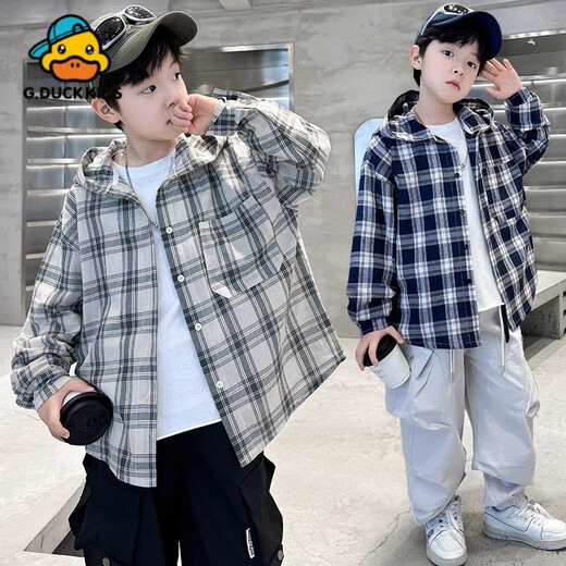 G.duck little yellow duck boys plaid shirt 2025 new children's spring and autumn tops, medium and large children's fashionable hooded outer H1 green hooded plaid shirt 110 cm size recommended height 100-110 cm