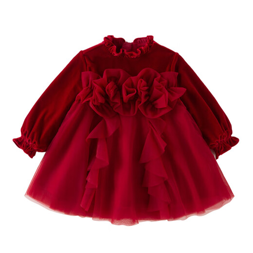 戴维贝拉（DAVE＆BELLA）儿童丝绒网纱裙2025冬装新款女宝宝连衣裙女童公主裙小童裙子童裙 浆果红【现货】 80 cm（建议身高73-80cm）