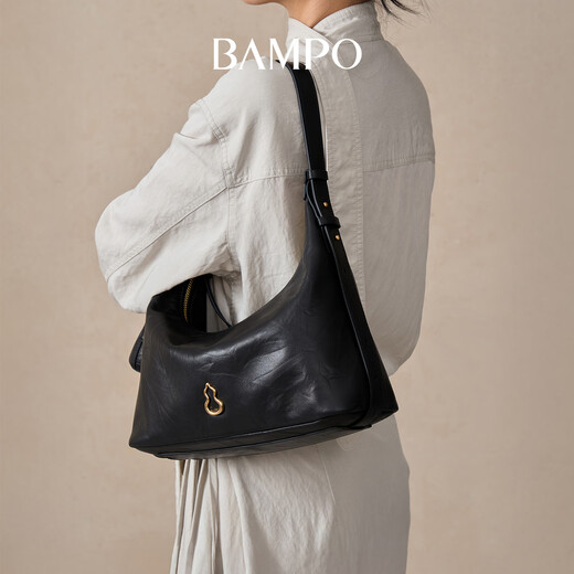 Bampo Jinyuan bag large size first layer cowhide hobo bag shoulder bag autumn and winter new crossbody armpit bag for women ink black 930