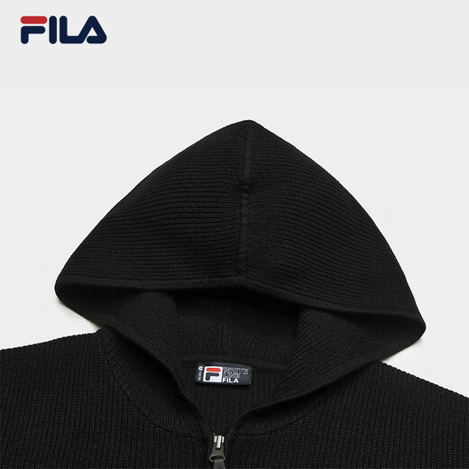 FILA 斐乐官方女士编织衫2025冬季新款休闲宽松连帽拉链毛衣开衫 正黑色-BK XL 175/92A/XL