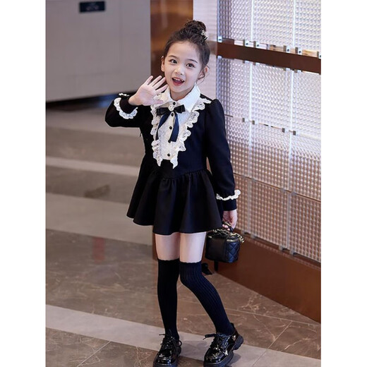 Burwilde international brand girls' preppy dress 2025 spring and autumn style children's fashionable princess dress for women Bow Hepburn black bow dress (gift box) 160 recommended 145-155cm