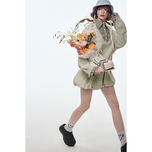 Fairy's pocket plaid splicing sweatshirt two-piece set for women 25 spring new urban sports suit simple beige S