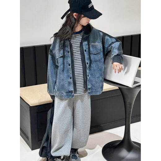 Burwilde international brand girls' denim jacket Korean style spring and autumn 2025 new style for middle-aged and older girls with style and personality hooded blue (jacket) 120 cm