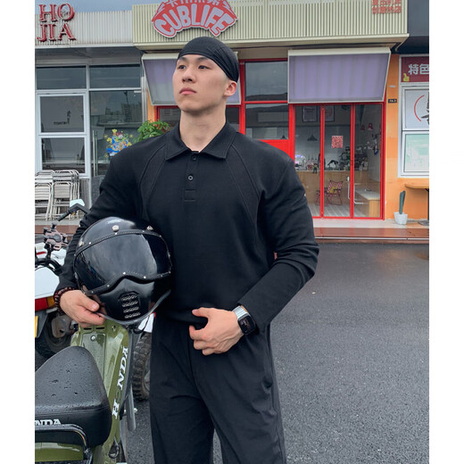 Muwei American heavyweight right shoulder long-sleeved polo shirt for men in autumn new high-end Henry collar versatile and strong casual top light gray XL recommended 130-150Jin Jin equals 0.5 kg