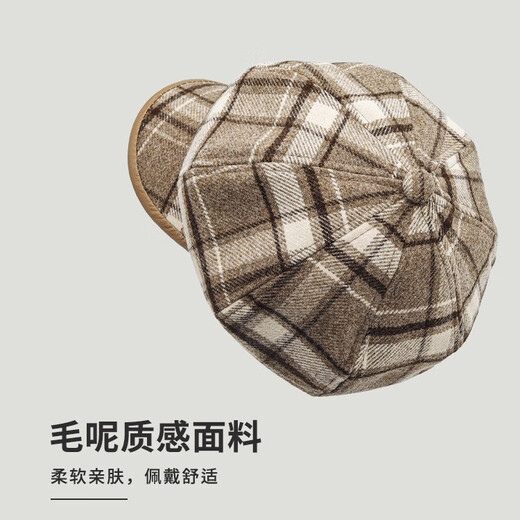 Woodpecker woolen retro plaid khaki beret British style street style khaki painter hat for women and men newsboy plaid octagonal hat black M (55-58c) string adjustment
