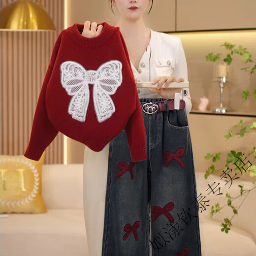 Siyang girls winter 2025 new fashion Korean style thickened Christmas red sweater, medium and large children's velvet jeans suit trendy H white bow sweater and black velvet jeans (120