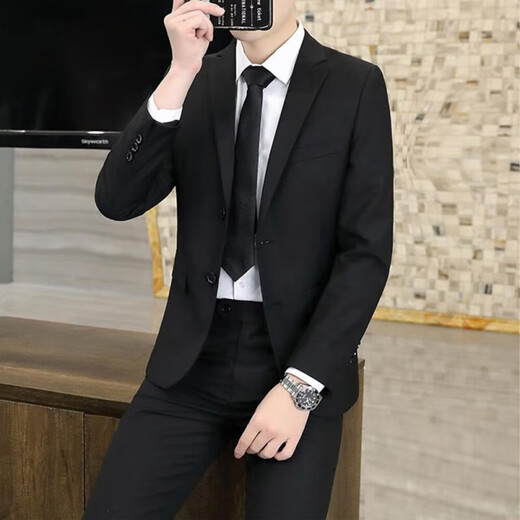 Men's four-piece suit suit, professional business small suit, formal jacket, men's slim fit groom's companion wedding dress 01 Jacket Black + 04 White Lining + 04 Pants Black + Tie XL