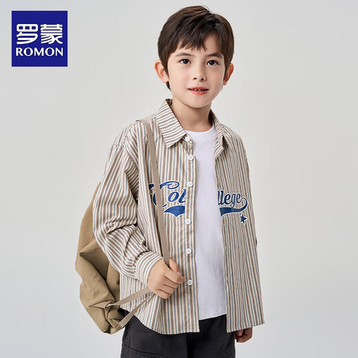 Romon Boys Long Sleeve Striped Casual Shirt Children's Versatile Top College Style Boys 2026 Spring and Autumn Jacket Beige 160