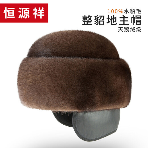 Hengyuanxiang winter mink fur genuine leather hat men's whole mink fur ear protection landlord hat elderly gentleman jazz hat black L (55-56cm)