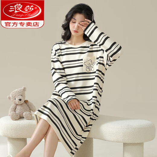 浪莎（LangSha）2024年新款睡裙女春秋纯棉感秋冬季睡衣可外穿条纹家居服 W9764长袖睡裙 L 90-110斤