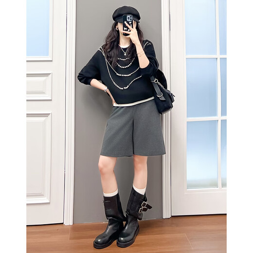 MEIYANG Pearl Sweater Heavy Industry Beauty Handmade Beading Casual Simple Round Neck Top Sweet and Slim Autumn New Style Black M