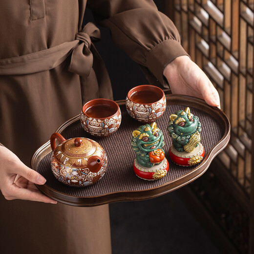 Jinshantang Dunhuang Purple Clay Tea Set One Pot Two Cups Pixiu Desktop Ornaments Creative Gift Box for Elders as Holiday Souvenirs Two Dunhuang Purple Clay Tea Sets + Good Things Happen-Smooth Wind Smooth Water Gift Box 7 Pieces
