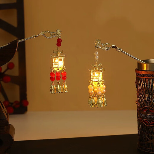 SNQP Mid-Autumn Festival ancient style palace lantern hairpin children's Hanfu hairpin headdress girl's back head rocking plate hairpin tassel hairpin palace lantern white pearls can light up the hairpin one piece