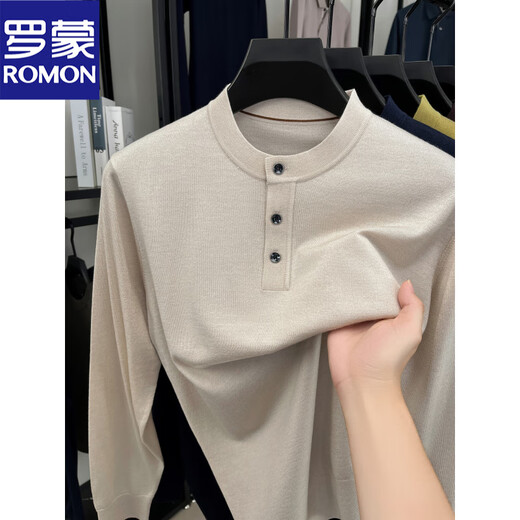 ROMON Men's Henley Collar Buttoned Sweater with Wool Long Sleeve Bottoming Shirt Solid Color Versatile Sweater Old Money Style Autumn and Winter Pearl Apricot XL