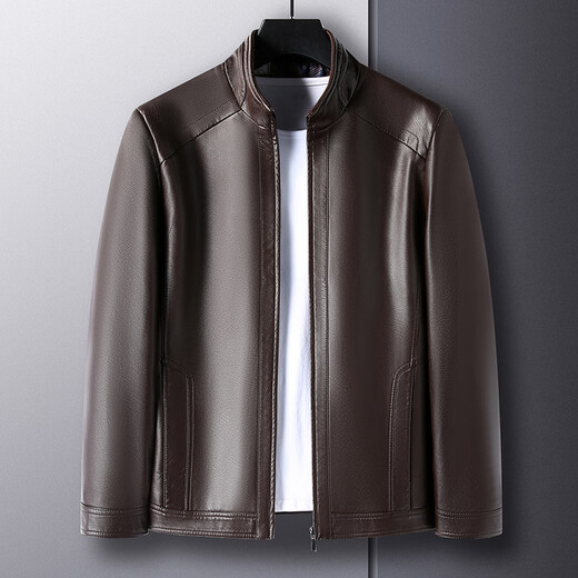 Lilang leather jacket men's autumn and winter new men's stand-up collar soft leather jacket middle-aged men's loose casual leather jacket brown cotton thickened L 175 (recommended weight 115-130)