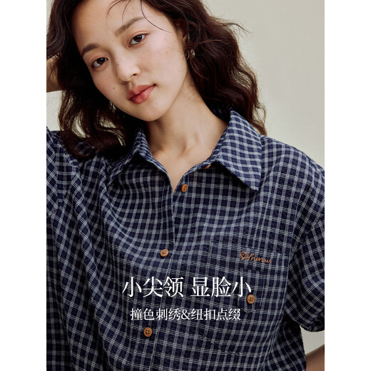 茵曼复古休闲刺绣格子衬衫2025秋女装新款百搭长袖衬衣 宝蓝格 S