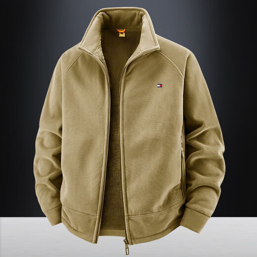 TOMMYBULL American Tommy Tommy Autumn and Winter New Fleece Stand Collar Jacket Men's Thickened Austrian Velvet Warm Casual Jacket Khaki-2518B XL 130-145Jin Jin is equal to 0.5 kg