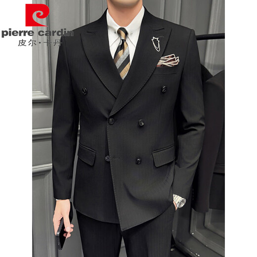 Pierre Cardin yarn-dyed dark striped double-breasted suit for men, Korean style slim and crisp business formal wedding suit, three-piece suit, medium gray (single suit) 3XL