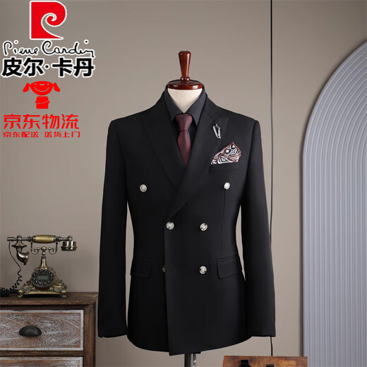 Pierre Cardin high-end double-breasted suit suit men's high-end business casual suit three-piece groom's wedding dress JS8025 black three-piece suit L =110~125Jin Jin equals 0.5 kg