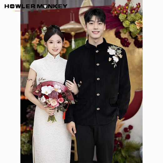 Sound Monkey suit jacket men's new Chinese embroidery retro Tang suit Chinese style Chinese tunic suit engagement wedding suit men black suit + stand-up collar shirt white + black trousers three-piece suit XL