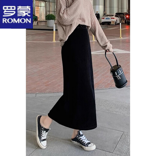 Luo Meng Golden Velvet Skirt Women's 2024 Autumn and Winter Korean Style Casual Temperament Slim Long Versatile Hip-covering A-Line Skirt Black XL