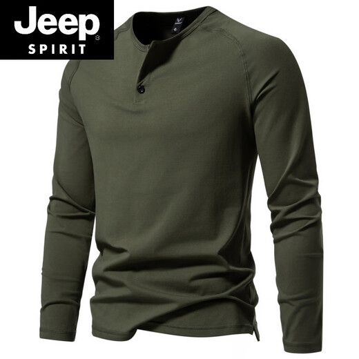 JEEP SPIRIT Jeep Autumn Men's Pure Cotton Henry Collar Long Sleeve T-Shirt Youth Simple Elastic Slim Solid Color Versatile Bottoming Shirt Army Green M (100Jin Jin is equal to 0.5kg -115Jin Jin is equal to 0.5kg)