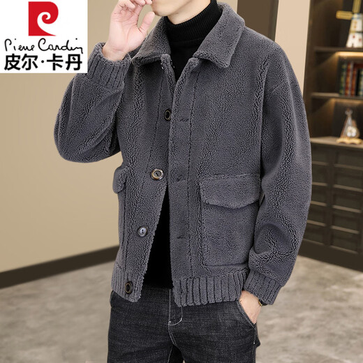 Pierre Cardin Reversible Wool Jacket Men's Autumn and Winter New Fur Jacket Men's Grain Sheep Shear Fur One-piece Men's Lapel Ribbed L 175/92A 120-135Jin Jin is equal to 0.5 kg