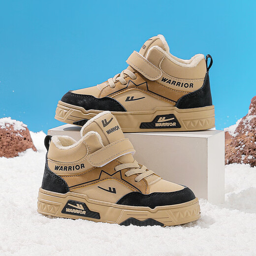 Pull-back children's shoes, children's cotton shoes, winter new velvet warm boys' sports shoes, high-top sneakers TH1826, beige black 34