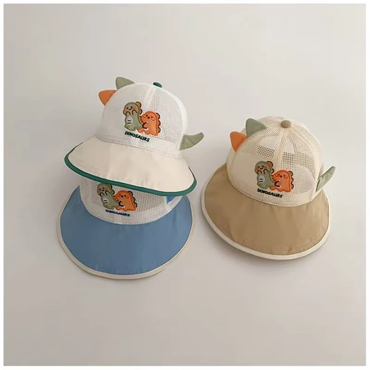 【多彩选择】儿童帽子夏季薄款透气网眼鸭舌帽男孩女宝宝婴儿遮阳 米色-DIN拉扯恐龙遮阳帽 1-5岁/头围48-52cm