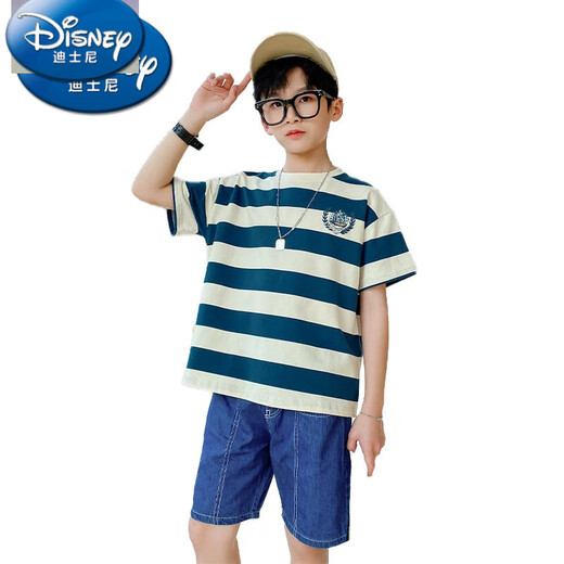 Camiseta a rayas de Disney Boy Camiseta de manga corta 2025 Summer NUEVA CORA COREANA COREANA Top Big Children Street Algodón Half-manga 9732 Striegas + 1227 Negro [comerciante, ropa de moda 120 cm