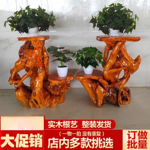 Gujia [Venta directa oficial] Basquillo de flores de madera sólida Base de tallado de raíz natural Log sala de estar chino Bonsai Fish Tare Tree Root Art Dark Green 15907