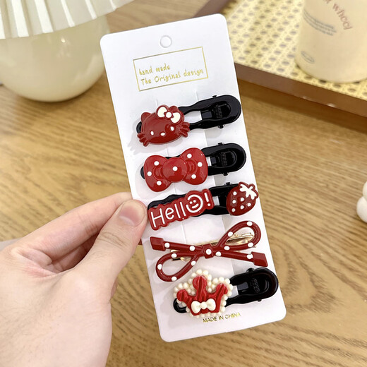Add cute polka-dot bow hairpins for girls, fresh, sweet and versatile duckbill clips with side bangs and hairpins, hair accessories, red kitten 5-piece set