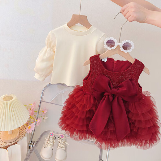 G.duck little yellow duck one-year-old baby dress girl dress autumn full moon party princess dress big bow tutu skirt red 90 cm