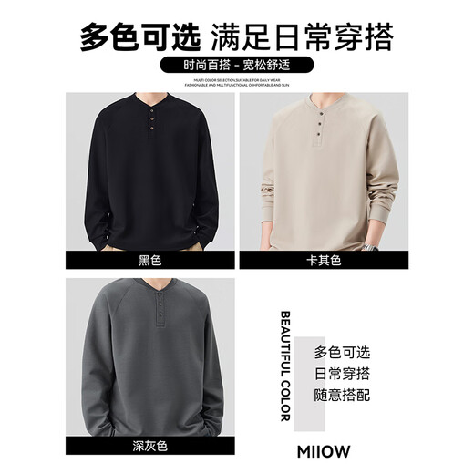 MiiOW Right Shoulder Sleeve Loose Sweater Henley Collar Long Sleeve Men's Spring and Autumn T-shirt Breathable Bottoming Shirt Top Black XL
