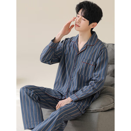 Hailan Home's spring and autumn cardigan pajamas men's long-sleeved trousers plus large size autumn and winter simple stripes can be worn outside. Long-sleeved cardigan suit-OMM12014 4XL men's recommendation 190-210Jin [Jin equals 0.5 kg]
