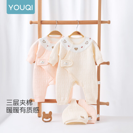 优奇婴儿衣服男女宝宝秋冬连体衣新生儿早秋三层夹棉保暖外出哈衣爬服
