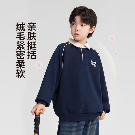Zuoxi children's clothing boys' fleece sweatshirt POLO shirt 2025 new style children's boys warm top trendy navy blue 130