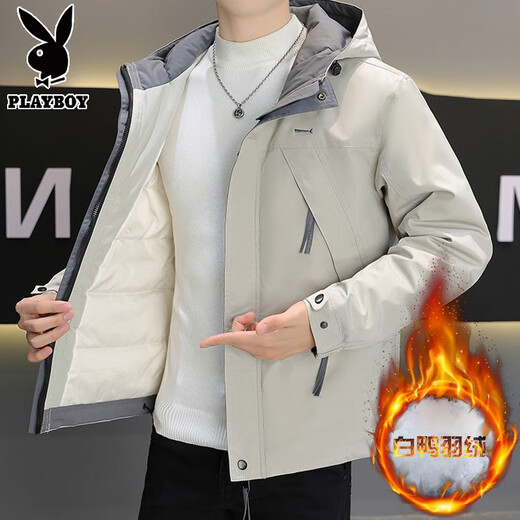 Playboy Men's Thin Down Jacket Thickened Warm Trendy Brand Hooded Work Jacket Student Handsome Casual Jacket 915 Meter Gray (Down Jacket) L 110 to 125 Jin Jin equals 0.5 kg