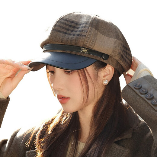 Jimmy Leaf Octagon Hat Women's Autumn and Winter Plaid Beret Casual and Versatile British Style Peaked Hat Warm Painter Hat Coffee One-size-fits-all Head Circumference 55-58CM