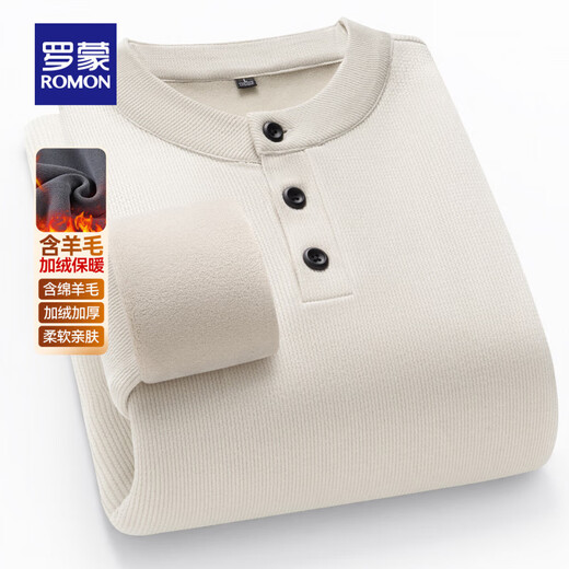 ROMON Contains Sheep Wool Henley Collar Velvet Sweater Men's Autumn and Winter New Fashion Casual Versatile Warm Bottoming Shirt White M (170) Recommended 90-130 Jin Jin equals 0.5 kg