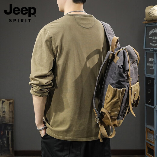 JEEP SPIRIT2025 new casual men's pure cotton long-sleeved T-shirt loose and thin spring and autumn trendy brand Henry collar bottoming shirt sweatshirt 2315 charcoal gray sweatshirt XL suitable weight 145-160Jin Jin equals 0.5 kg