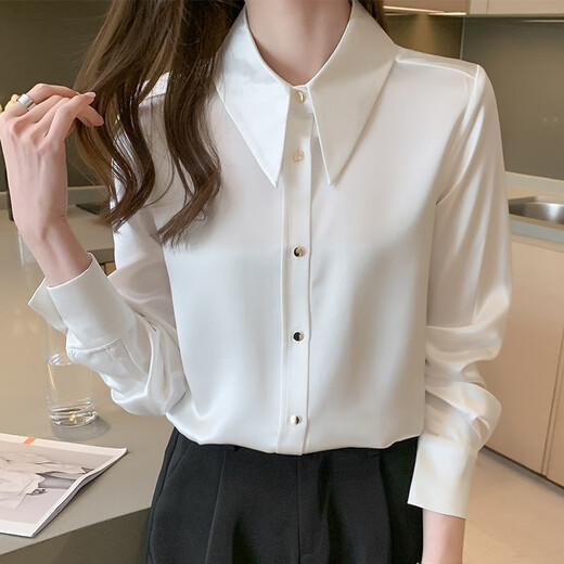 He Jiagong shirt women's acetate satin 2025 spring and autumn style interview formal professional shirt high-end French long-sleeved top white L recommended 100-110Jin Jin equals 0.5 kg
