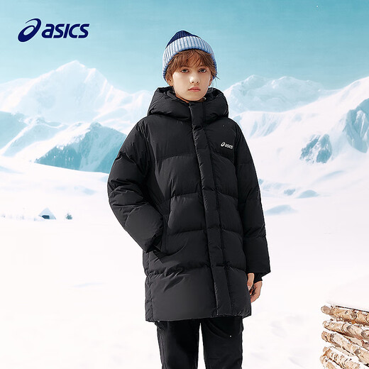 ASICS Children's Clothing 25 Years Winter Children's Mid-Length Down Jacket, Fluffy, Stylish, Thickened, Warm and Waterproof Black 85% Down 160 Filled Down 166.6g