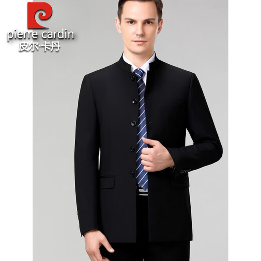 Pierre Cardin 100% pure wool tunic suit for middle-aged men, dad's suit, wedding dress, Chinese stand-up collar suit, black XL 180/52