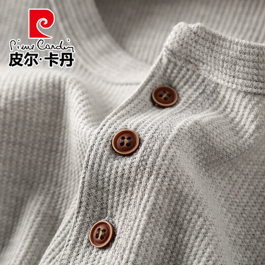 Pierre Cardin Waffle Henley Collar Long Sleeve T-Shirt Men's Solid Color Loose Knitted Pullover Casual Bottoming Shirt Men's Light Gray (Long Pomelo Style) L 150-170Jin Jin is equal to 0.5 kg