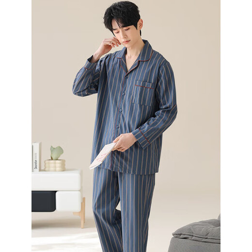 Hailan Home's spring and autumn cardigan pajamas men's long-sleeved trousers plus large size autumn and winter simple stripes can be worn outside. Long-sleeved cardigan suit-OMM12014 4XL men's recommendation 190-210Jin [Jin equals 0.5 kg]