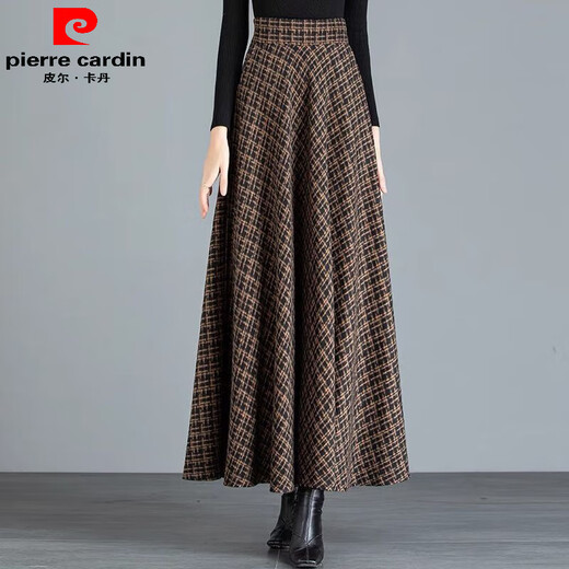 Pierre Cardin woolen skirt for women with pockets for autumn and winter 2025 new high-waisted ethnic skirt with large swing, high-waisted, mid-length floral skirt, gray and black plaid - with pockets, skirt length 85 cm XL recommended 125-140 Jin Jin equals 0.5 kg, skirt length 85 cm