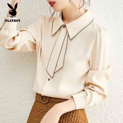 Playboy (PLAYBOY) Fashion Commuting Ribbon Shirt Women 2025 Spring and Autumn New Temperament Niche Versatile Professional Long Sleeve Bottoming Shirt Women Blue L